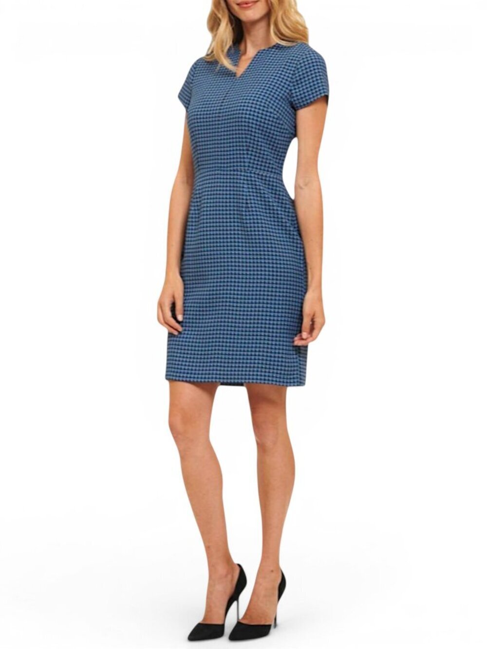 Robert Graham Blue Diana Check Print Short Sleeve Fitted Sheath Dress NWT New 10